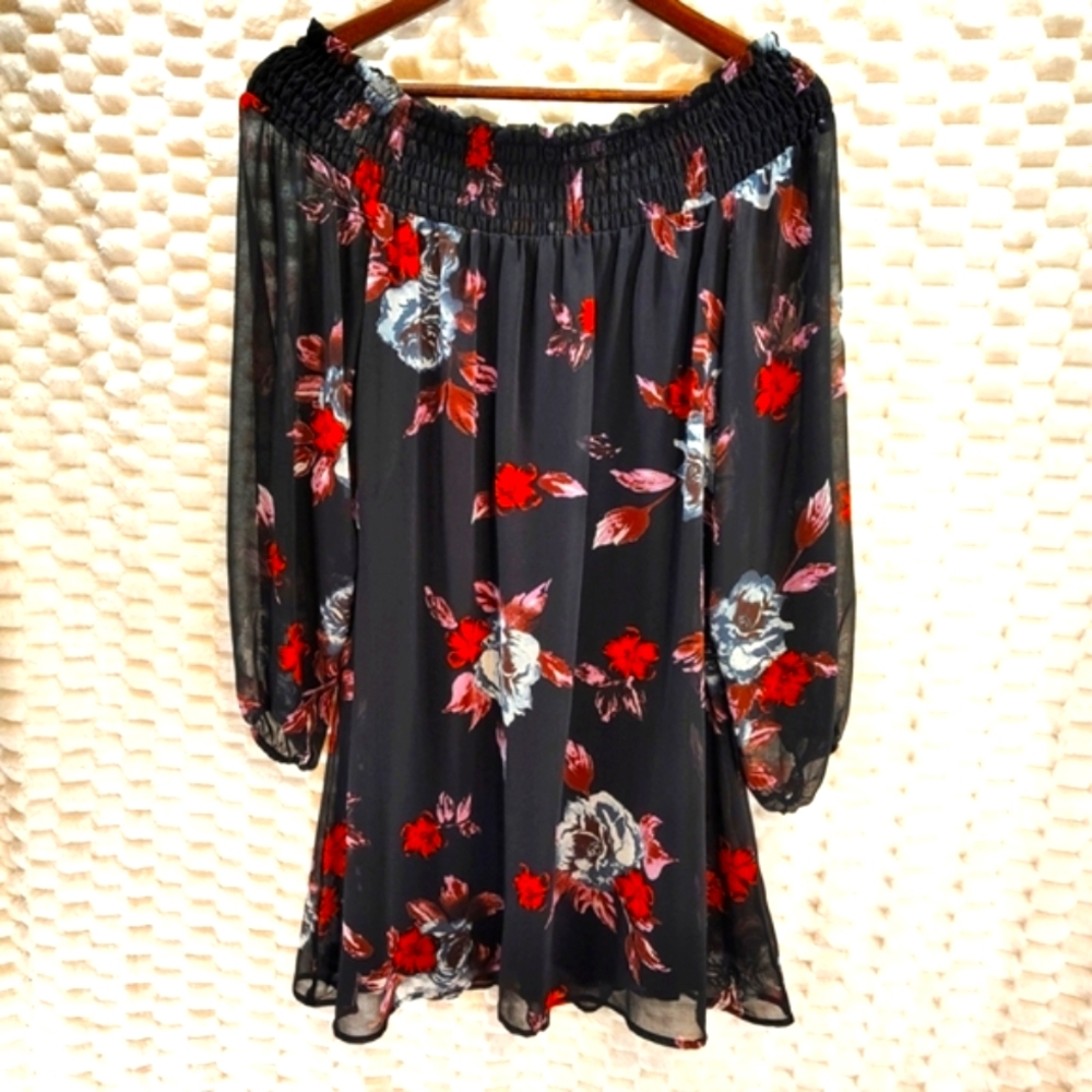 Shyanne Black Dress with Red and White Floral Accents